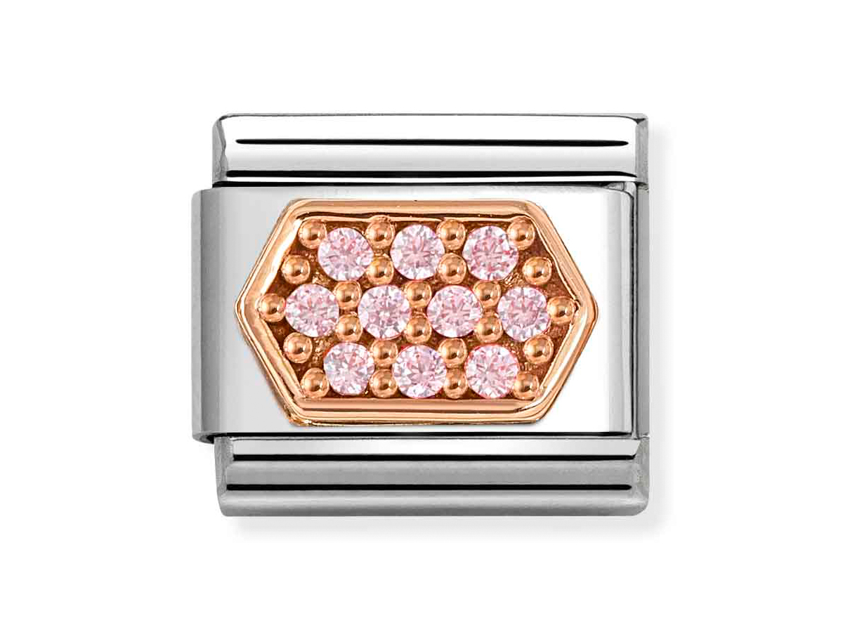 Sechseckiges Charm aus der Kollektion Nomination 430312 04 in rosa und klassischem Roségold, verziert mit funkelnden rosa Elementen und einer glänzenden silberfarbenen Basis.