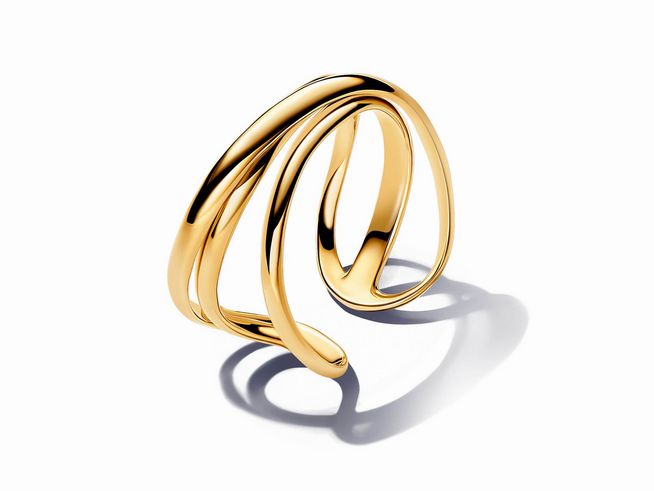 Organisch geformter offener Dreifachband-Ring aus vergoldetem Material in Gelbgold mit eleganter und moderner Linienführung, Größe 60/19, Hersteller Pandora.