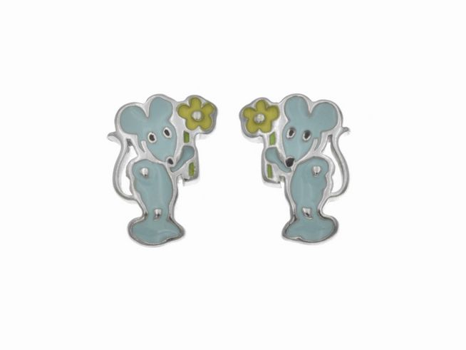 Ohrstecker Sterling Silber - Maus mit Blume - poliert - rhodiniert - Lack Blassblau - Gelb - Grün