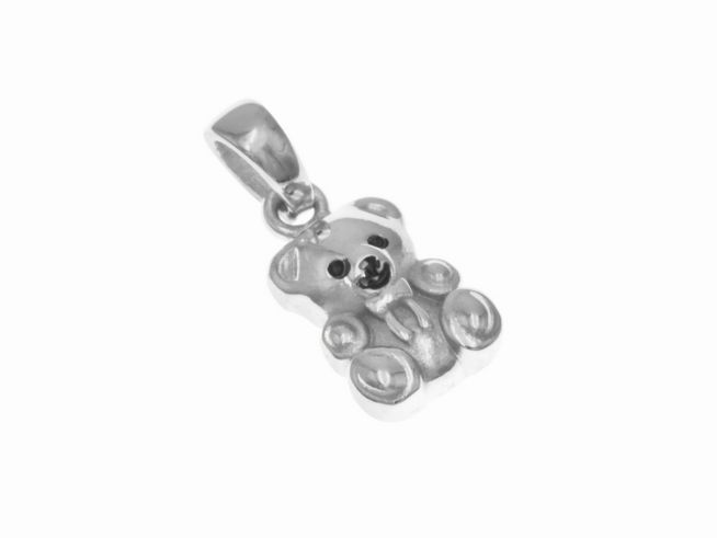 Niedlicher silber rhodinierter Teddybär Anhänger aus Lack, ideal für Kinder, hergestellt von Juwelier Harnisch, perfekt als Schmuckstück oder Geschenk.