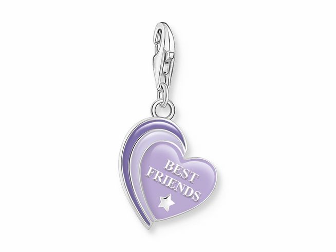 Doppel Charm-Anhänger von Thomas Sabo in Silber mit kaltem Email in Violett, geformt als Herz mit der Aufschrift Best Friends und einem kleinen Stern.