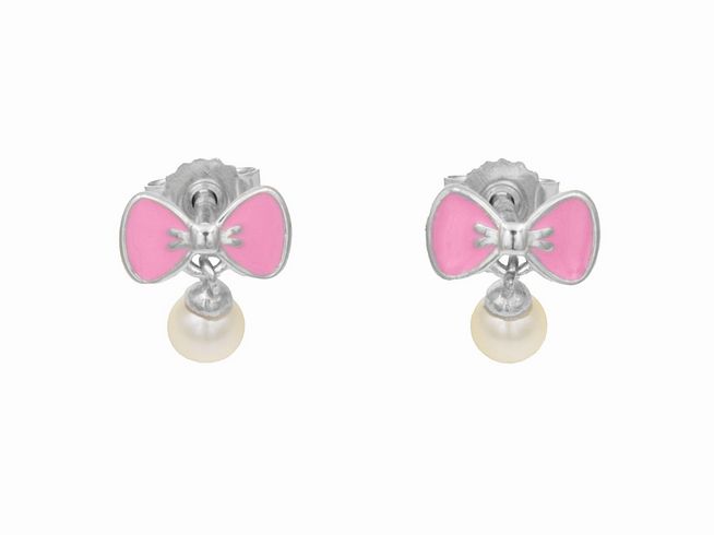 Ohrstecker - Ohrringe Schleife mit Perle - Sterling Silber poliert rhodiniert - Süßwasserperle + Lack Weiß - Rosa