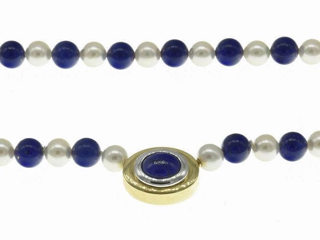 Perlenkette - Akoya-Zuchtperlen - Lapislazuli 7,5-8,5 mm - Weiß - Blau - 47 cm - Bicolor 585