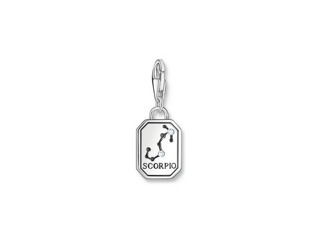 Charm-Anhänger von Thomas Sabo, Modell 2148-643-21, erzählt das Sternzeichen Skorpion in geschwärztem Silber mit Zirkonia-Elementen, ideal für eine persönliche Note.