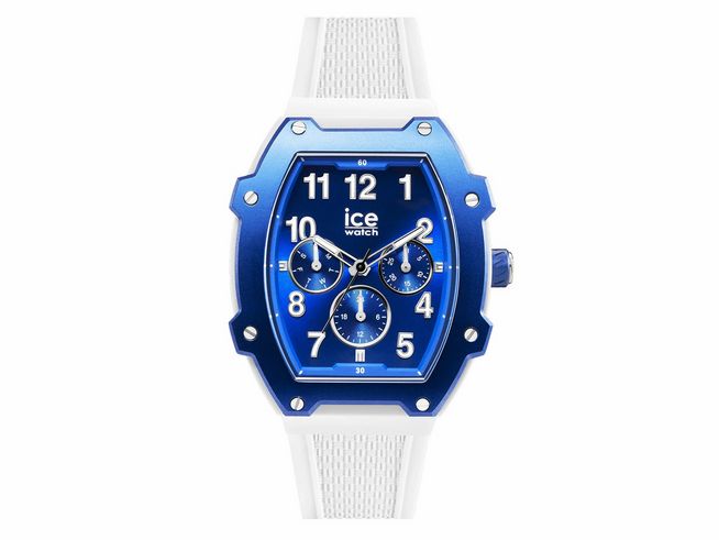 Die Ice Watch Uhr 023313 in Blau Weiß hat ein hexagonales Gehäuse, eine blaue Ziffernblatt mit weißen Ziffern und drei Chrono-Displays, dazu ein weißes Silikonarmband.