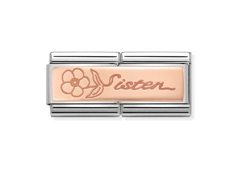 Roségoldener Charm mit der Gravur Sister und einer Blume, gefertigt von Nomination, Modell Classic, Artikelnummer 430710 15, doppelt gestaltet für individuellen Schmuck.