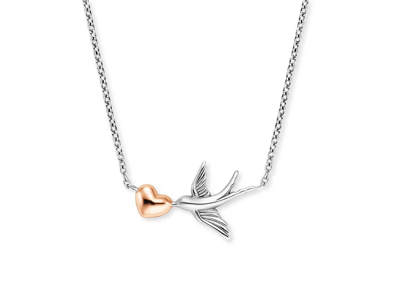 Eine zarte Kette aus Silber mit einem Anhänger in Form eines Vogels, der ein herzförmiges Element in Roségold trägt. Die Kette ist 40 cm lang und hat ein elegantes Design.