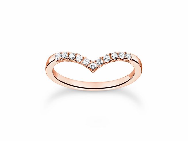 Thomas Sabo Ring TR2394-416-14-58 aus vergoldetem Roségold mit Zirkonia in Gr. 58, mit elegantem, v-förmigem Design und funkelnden Steinen. Ideal für jeden Anlass.