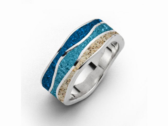 DUR Schmuck R5588.54 - Sterling Silber Ring Strandwellen Steinsand - Strandsand + blauer Steinsand - Gr. 54