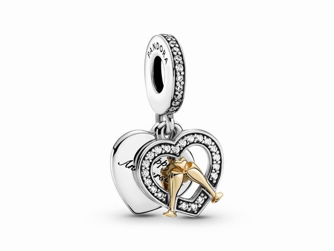 Pandora Charm Anhänger - 799322C01 - Festgläser und Herz Silber und 14 Karat Gold Anhänger mit klar Zirkonia