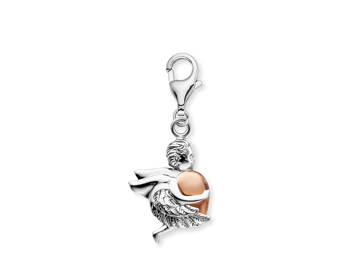 Charm in Herzform mit Engelfigur und Flügeln, Bicolor Design in Roségold und Silber, gefertigt von Engelsrufer, ideal für Schmuckanhänger.