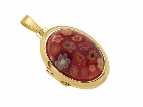 Millefiore Glas - rot Cabochon - Gold 750 Medaillon