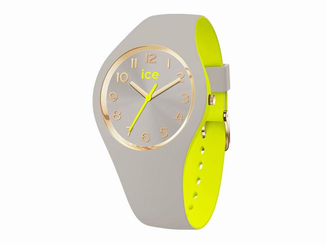 ICE Watch Uhr 023279 in Grau Neongrün mit goldenen Ziffern und Zeigern, hochwertigem Gehäuse und einem auffälligen Neongrün-Armband, ideal für trendbewusste Träger.