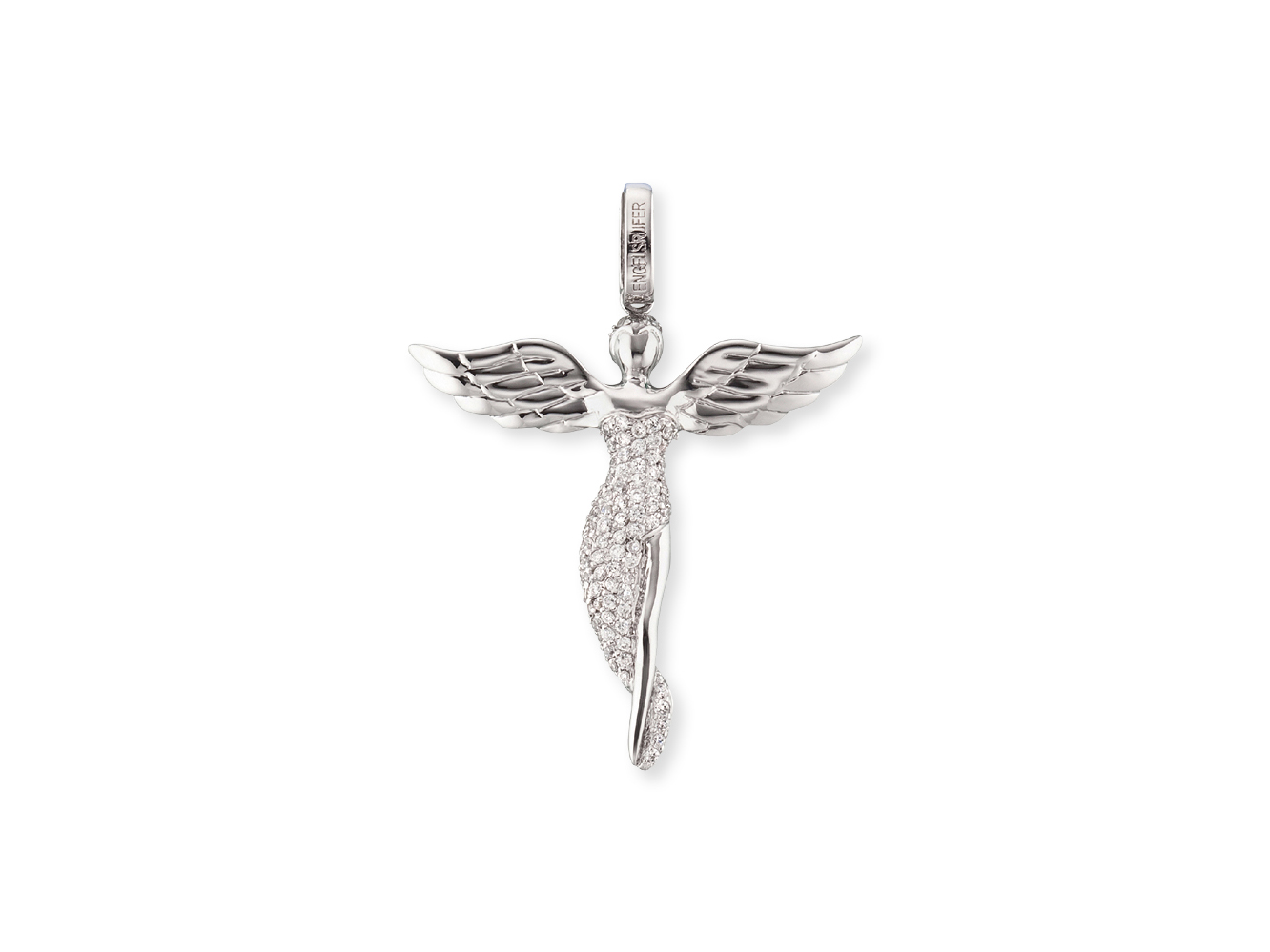 Engelsrufer ERP-ANGEL-M Anhänger in Form eines Engels mit flügeln, verziert mit Zirkonia, gefertigt aus rhodiniertem Silber, Gesamtlänge 5 cm, elegantes Schmuckstück.