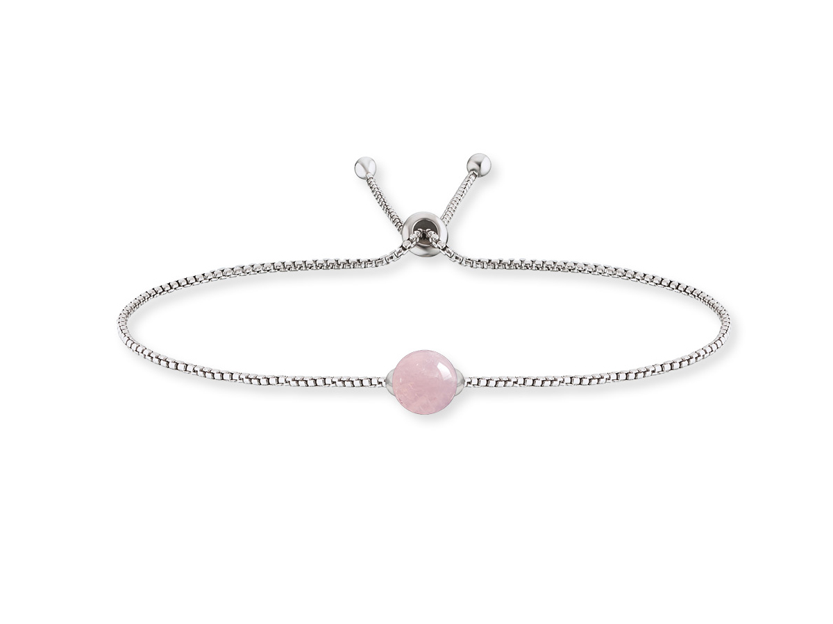 Engelsrufer Armband aus Silber mit einem runden Rosenquarz als Kraftstein und verstellbarem Band, ideal für stilvolle Akzente und energetische Unterstützung im Alltag.