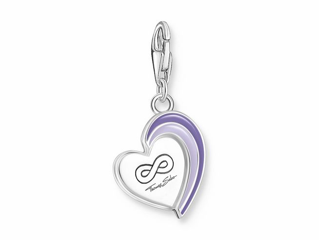 Doppel Charm-Anhänger in Herzform aus sterling Silber mit violettem Kaltemail und Unendlichkeitssymbol, hergestellt von Thomas Sabo, ideal für beste Freunde.