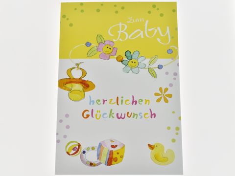 Glückwunschkarte - Blüten, Schnuller und Babyspielzeug