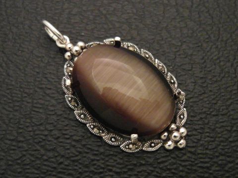 Cabochon - Katzenauge - braun - Silber Medaillon Anhänger