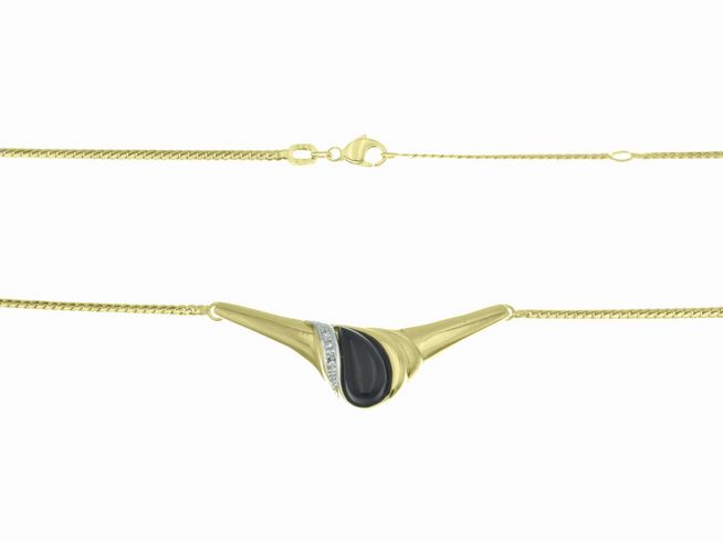 Collierkette mit Mittelteil 333 - Gelbgold & Weißgold - Onyx + Diamant - 41 cm & 44 cm