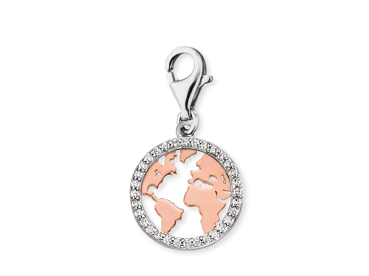 Charm in der Form einer Weltkugel aus roségold vergoldetem Material mit Zirkonia-Steinen am Rand, verleiht Eleganz und Stil, ideal für personalisierte Schmuckstücke.