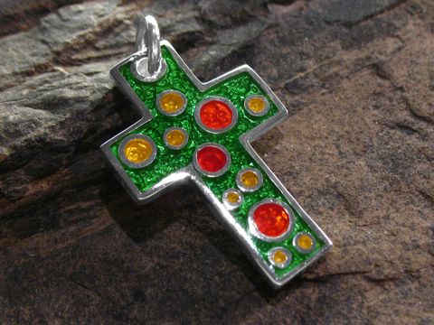 Emailliertes Kreuz 3cm Sterling Silber - grün und bunt