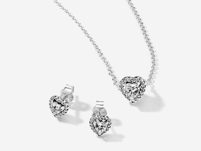 Pandora SET erhabenes Herz 298427C01 + 398425C01-45 - Sterling Silber - elevated Heart - Zirkonia Weiß