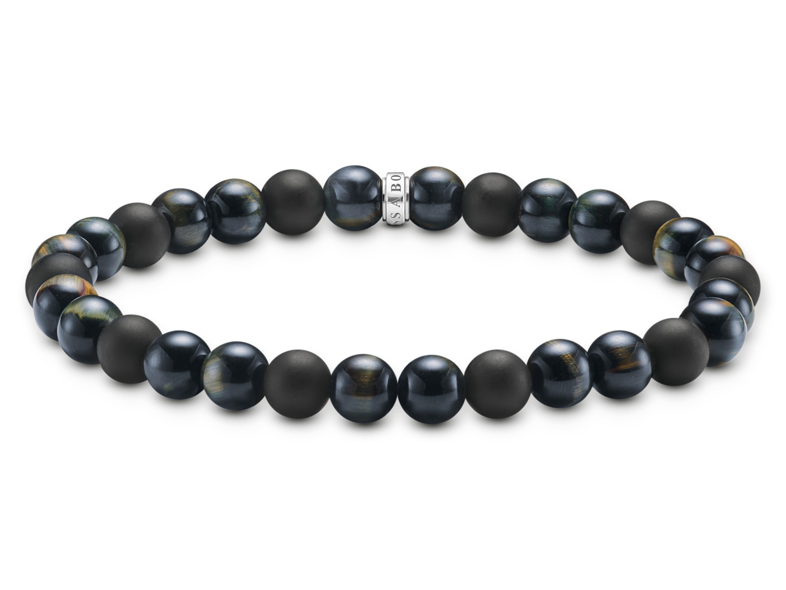 Bunt geflochtenes Thomas Sabo Armband aus Obsidian und Tigerauge mit einem Silberverschluss, Länge 17 cm, geeignet für Handgelenke bis 18 cm.