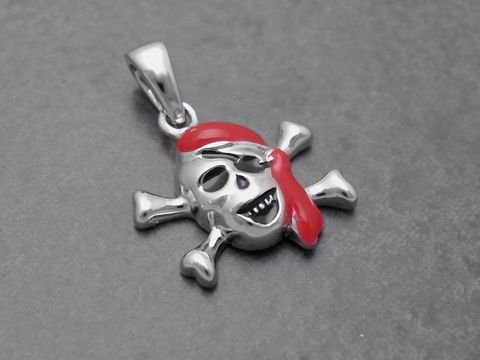 Totenkopf lackiert - Sterling Silber Anhänger - Lack Rot-Schwarz