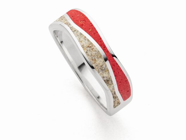 DUR Schmuck R5852.54 - Sterling Silber Ring Welle Strandsand + Mosaikkoralle - Strandsand + Koralle - Gr. 54