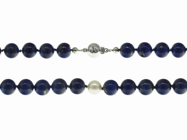 Steinkette - Lapislazuli + Süßwasser-Zuchtperlen 7-8,5 mm - Blau - Weiß - 47 cm - Silber