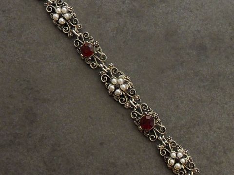 Strass Armband - zart - GRANATROT-WEIß - 19,5 cm - silberfarben