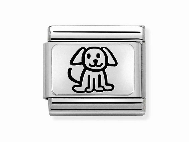 Hund Charm aus Nomination Classic Sterling Silver oxid mit der Artikelnummer 330109 52, Hersteller: Nomination, SilverShine, zeigt eine niedliche Hundedarstellung auf einem silbernen Anhänger.