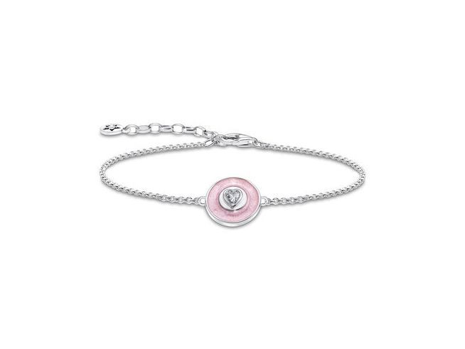 Silbernes Armband von Thomas Sabo mit Herzmotiv in der Mitte, umgeben von rosa-pinker Emaille und Zirkonia, verstellbar von 16 bis 19 cm. Elegante Verzierung für jedes Handgelenk.