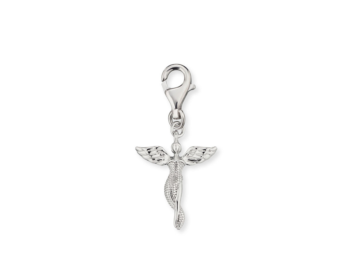 Engelsrufer Charm Engel in Silber rhodiniert, filigranes Design mit zarten Flügeln und Anhängerhaken für individuellen Schmuck. Ideal für persönliche Geschenkideen oder als Accessoire.