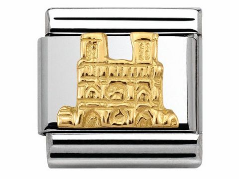 Relief einer stilisierten Darstellung der Notre Dame in gold und silber, gefertigt von Nomination, Symbolisiert Monumente und Denkmäler, ideal für den Schmuckliebhaber.