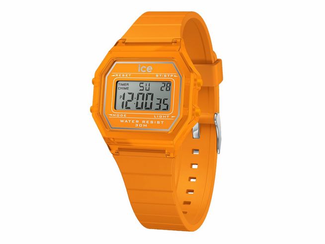 Die Ice Watch Uhr 022886 ist eine digitale Retro-Uhr in Neon orange mit klarem Gehäuse und silberfarbenen Elementen. Sie bietet eine wasserdichte Konstruktion bis 30 Meter und ein modernes Design.