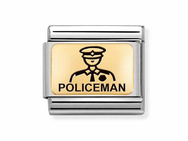 Charm aus Edelstahl und Gold 585 mit emaillierter Darstellung eines Polizisten und der Aufschrift Policeman, Hersteller ist Nomination, Modell Classic Gold 030166 22.