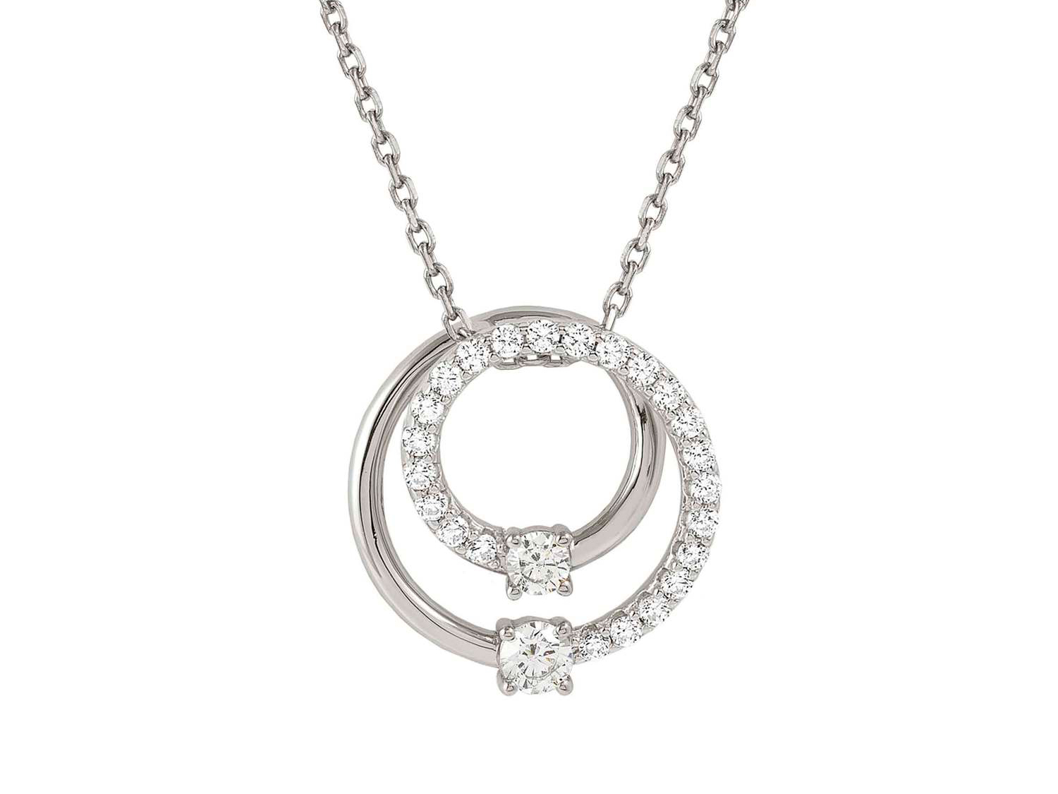 Kreisförmiges rhodiniertes Collier aus Sterling Silber mit funkelnden Zirkonia-Steinen, 40-44 cm lang, von Nomination Cosmiclove. Elegantes Schmuckstück für besondere Anlässe.