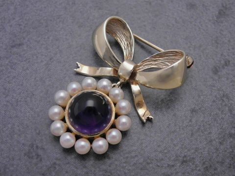 Gold Brosche als Schleife - Gold 585 - Amethyst + Zuchtperle - Anstecknadel