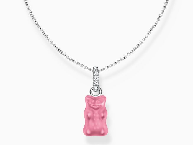 Kette von Thomas Sabo mit Anhänger in Form eines rosa-pinken HARIBO Goldbären, gefertigt aus Silber und verziert mit einem kleinen Stein, verstellbare Länge 40 bis 45 cm.