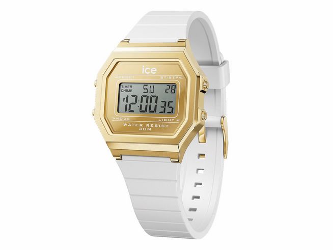 ICE digit retro Gold mirror Weiß - goldfarben - Weiß - Small von Ice watch, mit goldfarbenem Gehäuse und weißem Armband, digitalem Ziffernblatt und wasserdicht bis 30 Meter.