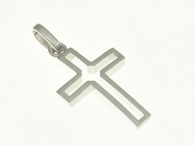 Kreuz Anhänger aus rhodiniertem Sterling Silber, schlichtes Design, Hersteller Juwelier Harnisch, ideal für lässige oder formelle Anlässe.