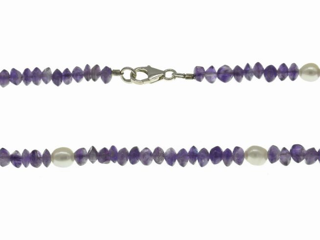 Steinkette - Amethyst + Süßwasser-Zuchtperlen 4-5,5 mm - Lila, Weiß - 45 cm - Silber