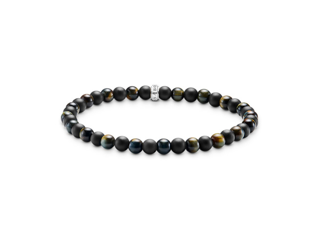 Buntes Armband von Thomas Sabo aus schwarzen Obsidian- und Tigerauge-Perlen, mit Silberverschluss, Länge 21 cm, stilvolle Ergänzung für jedes Outfit.