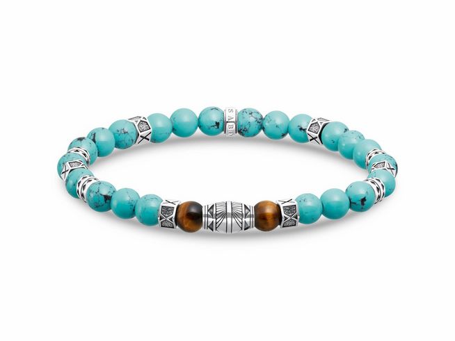 Silbernes Armband von Thomas Sabo mit geschwungenen Elementen, kombiniert mit türkisfarbenen und tigeraugenfarbigen Steinen, Länge 17 cm, aus erlesenen Materialien gefertigt.