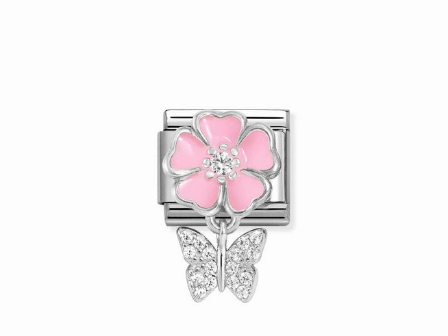 Nomination Classic Silber 331814 02 - rosa Blume - Schmetterling - Zirkonia & Emaille - Weiß