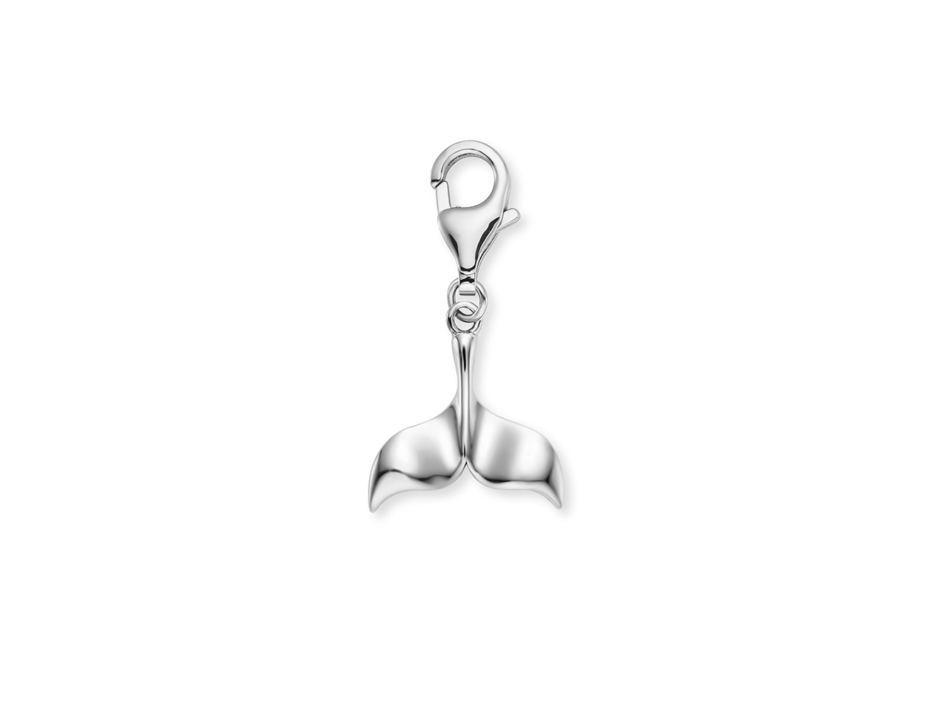 Charm in Form eines Delfins aus rhodiniertem Silber mit Karabinerhaken zur Befestigung, elegant und glänzend, ideal für Schmuckliebhaber und als Geschenk.