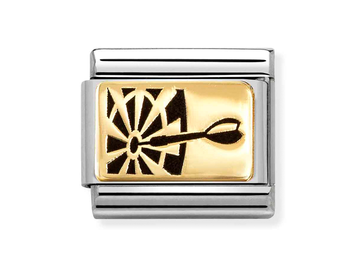 Darts Element in Classic Gold von Nomination, zeigt ein stilisiertes Dartsymbol auf goldenen Hintergrund, umrahmt von silbernem Metall, ideale Neuheit für Darts-Fans.