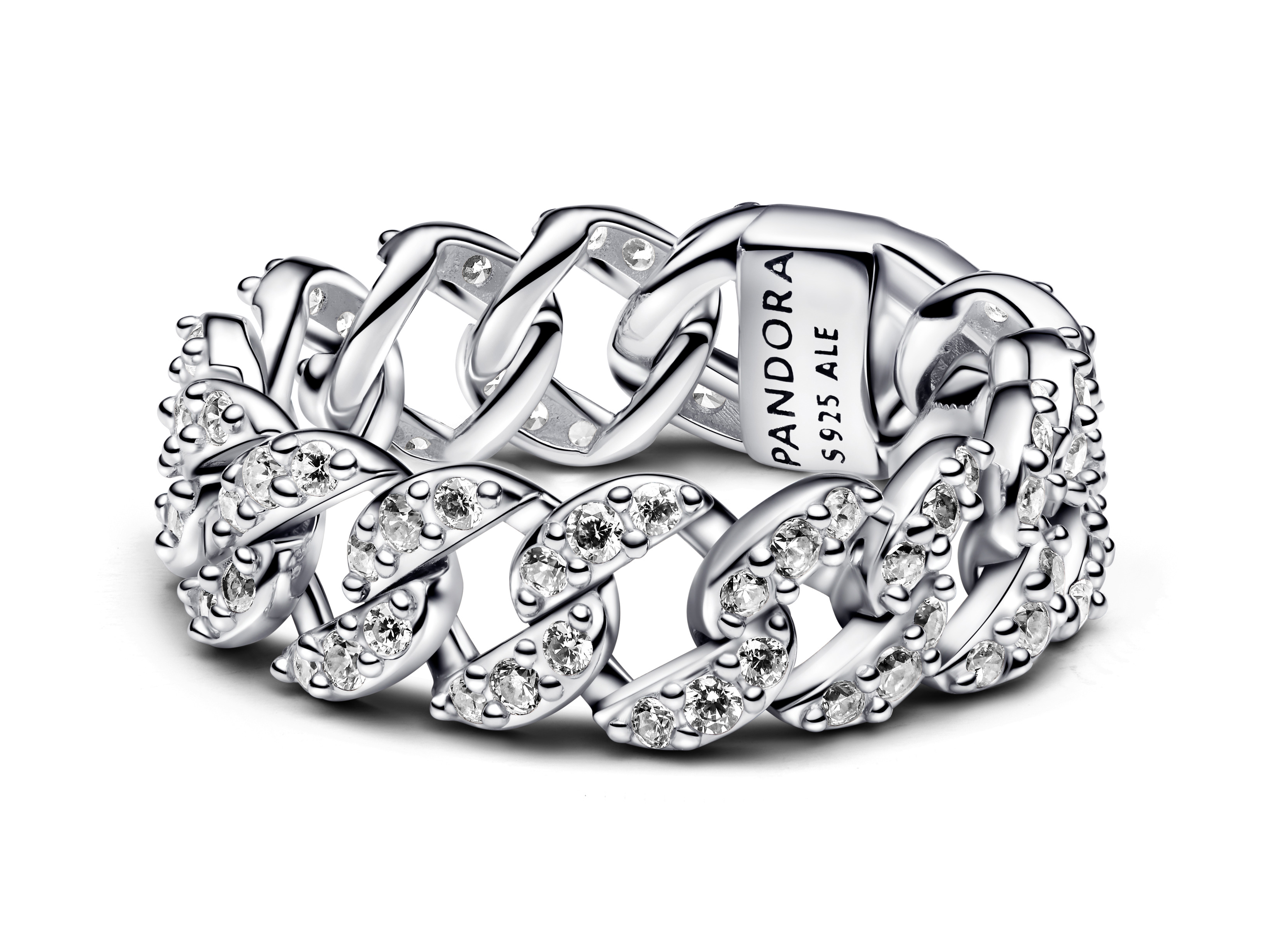 Panzerketten Ring von Pandora in Silber mit klaren Zirkonia, Größe 48, modernes Design, elegante Schlichtheit, ideal für besonderen Anlass oder alltäglichen Gebrauch, hochwertige Verarbeitung.