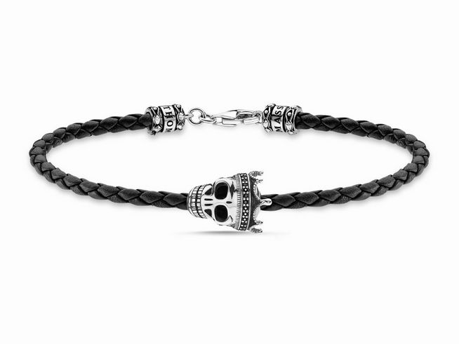 Thomas Sabo Armband - A2014-805-11-L19 Totenkopf - Sterling Silber - geschw. + Leder + Zirkonia schwarz 19 cm